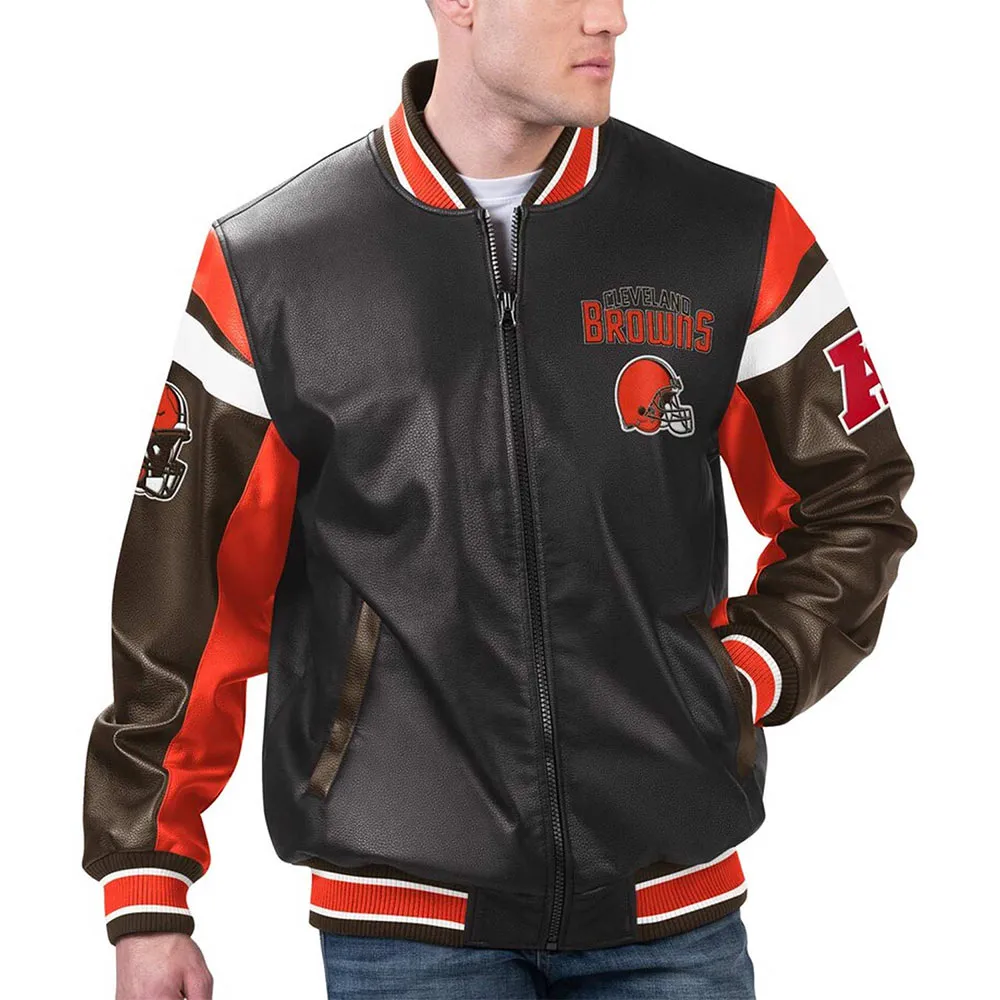Cleveland Browns Black Varsity Full Zip Leather Jacket webp