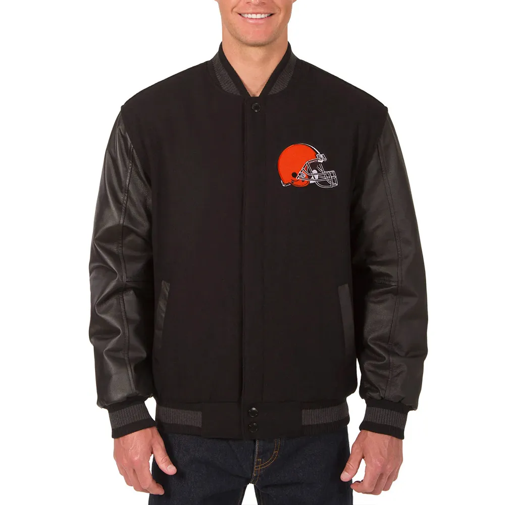 Cleveland Browns Black Varsity Wool Leather Jacket webp