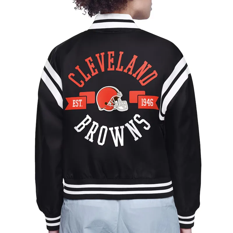 Cleveland Browns Printed Logo Varsity Satin Jacket back webp