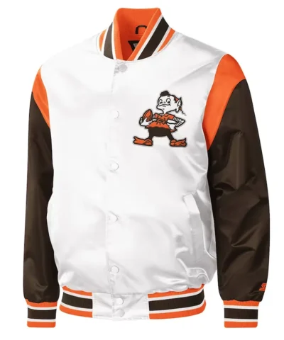 Cleveland Browns Throwback Pitch Varsity White and Brown Satin Jacket