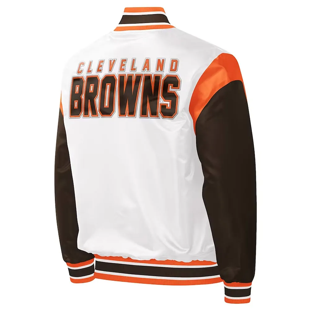 Cleveland Browns Throwback Pitch Varsity White and Brown Satin Jacket back webp