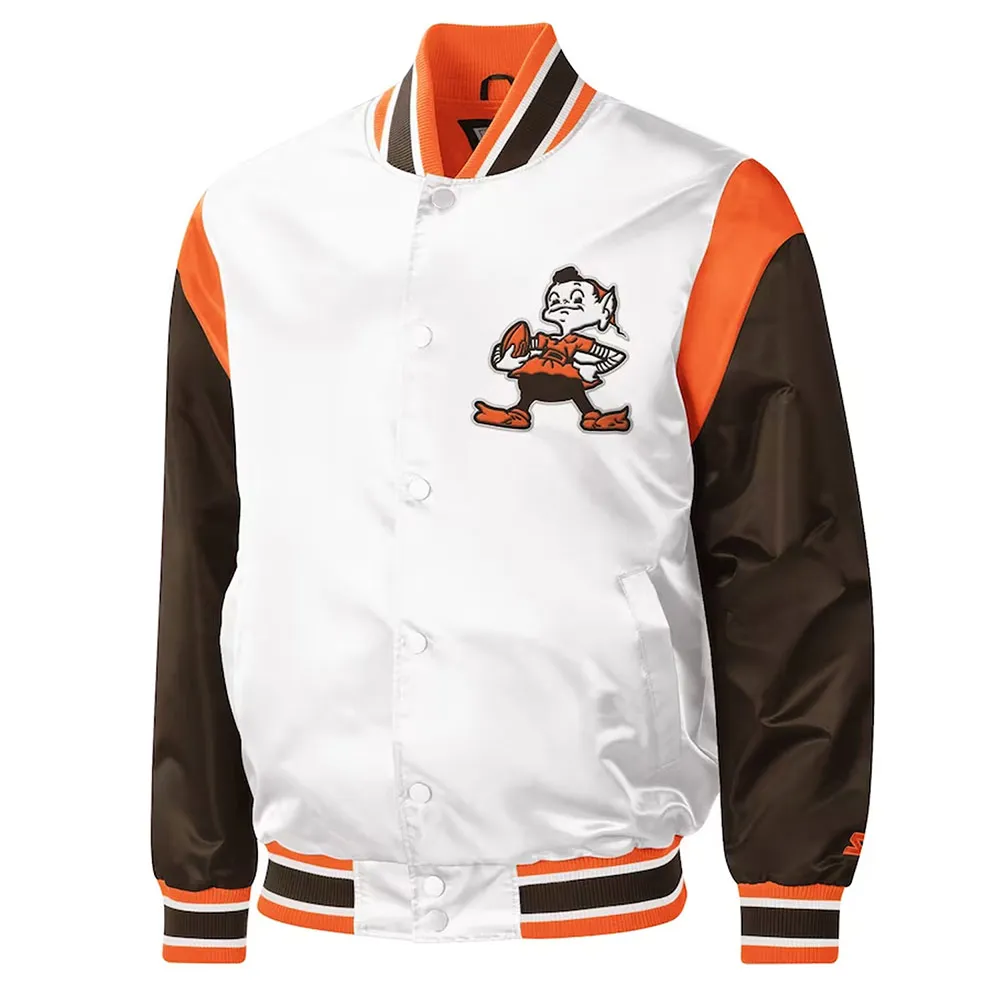 Cleveland Browns Throwback Pitch Varsity White and Brown Satin Jacket webp