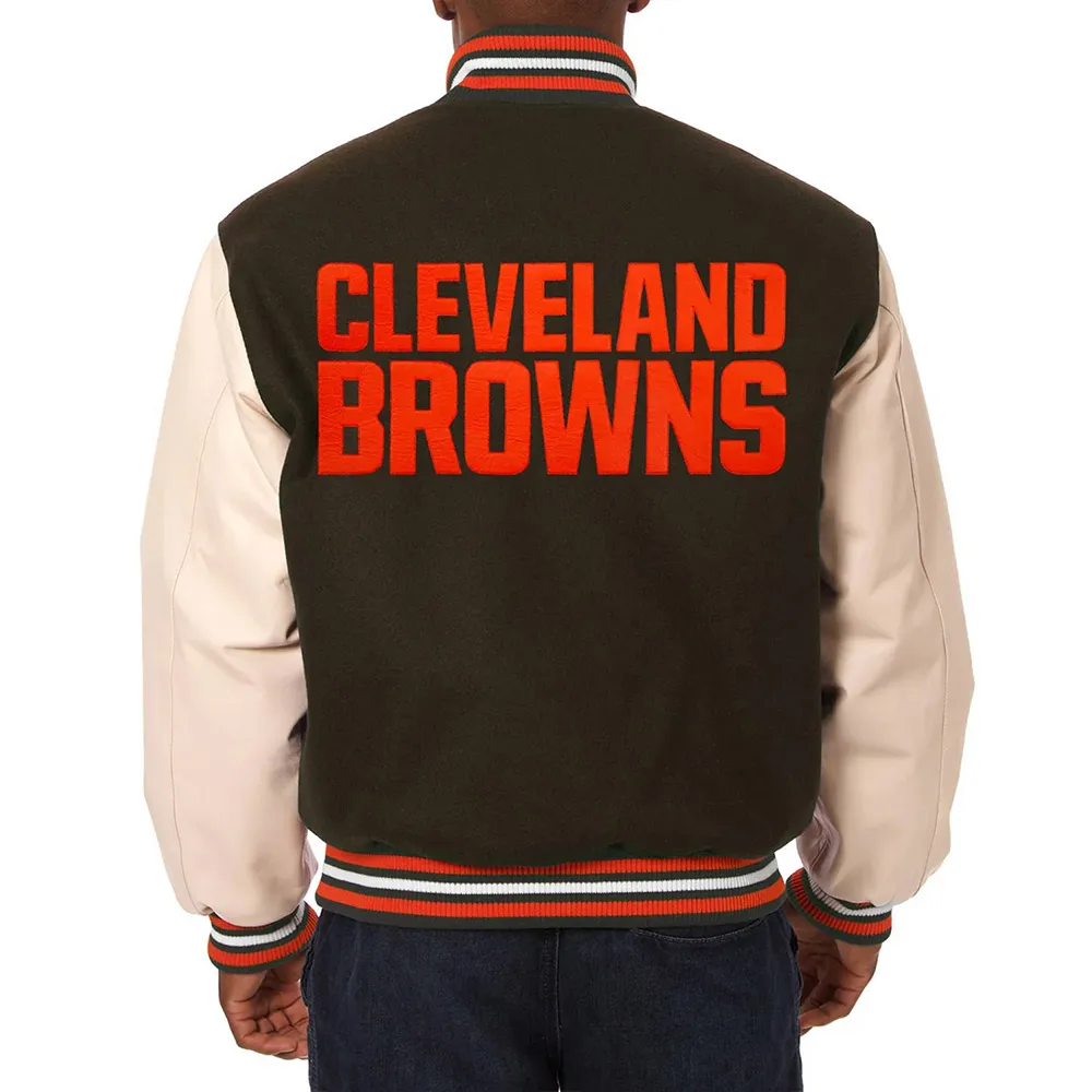Domestic Cleveland Browns Varsity Brown and Cream Jacket back webp