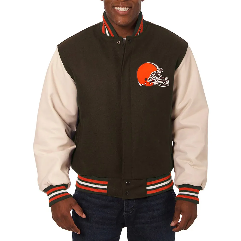 Domestic Cleveland Browns Varsity Brown and Cream Jacket webp