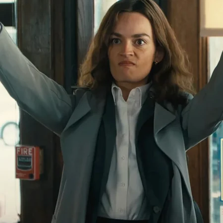 Ella McCay Emma Mackey Grey Trench Coat Front