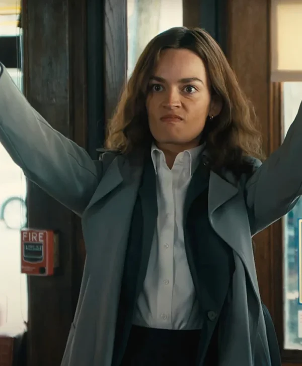 Ella McCay Emma Mackey Grey Trench Coat Front