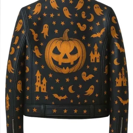 Halloween Ghost Pumpkin Print Biker Leather Jacket