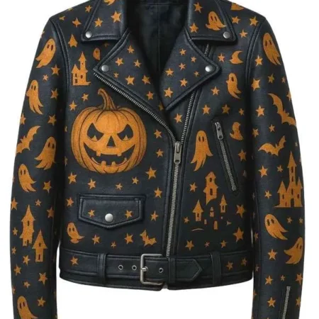Halloween Ghost Pumpkin Print Black Biker Leather Jacket