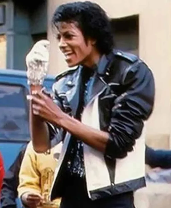 Michael Jackson Pepsi Zipper Black and White Leather Jacket Left Side View