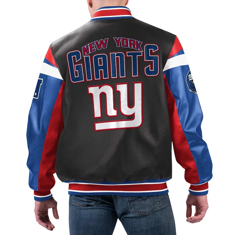 NY Giants Black Varsity Full Zip Leather Jacket back webp
