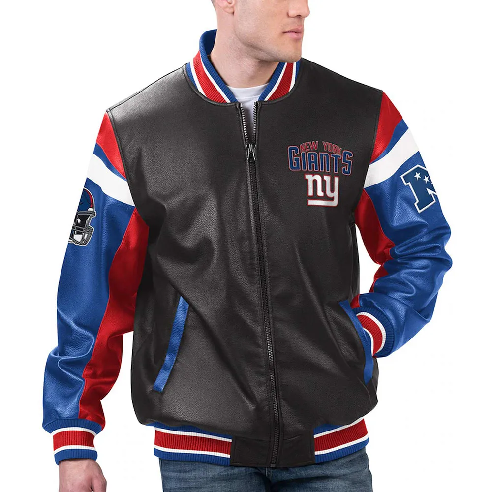 NY Giants Black Varsity Full Zip Leather Jacket webp