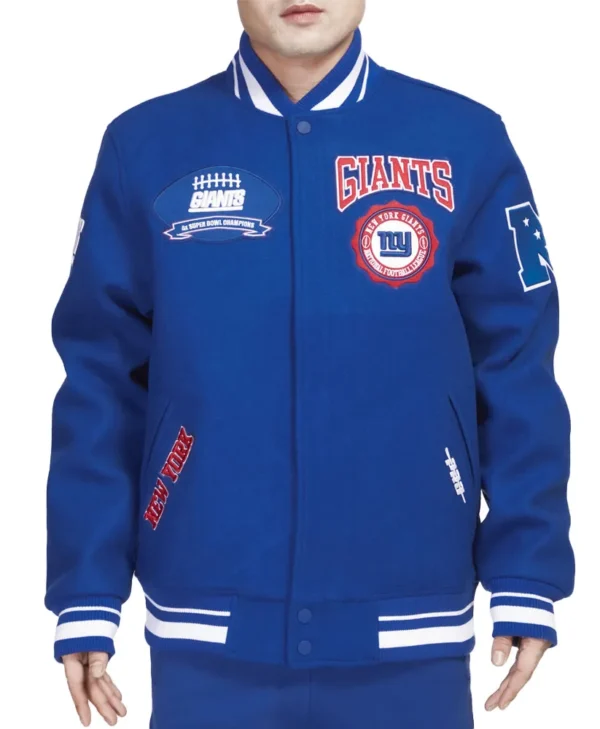 NY Giants Crest Emblem Blue Varsity Jacket webp