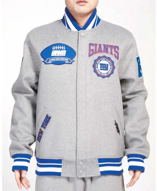 NY Giants Crest Emblem Gray Varsity Wool Jacket webp