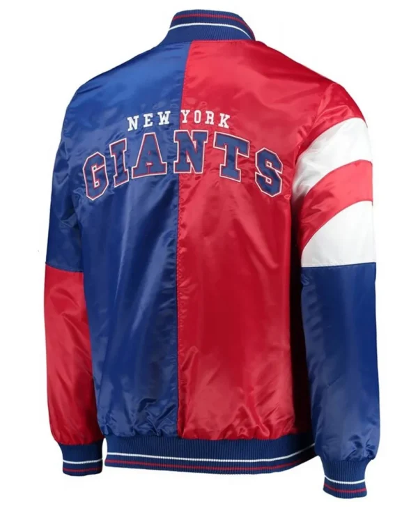 NY Giants Leader Red and Blue Full Snap Satin Varsity Jacket back webp