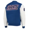 NY Giants Logo Varsity White Royal Jacket back webp