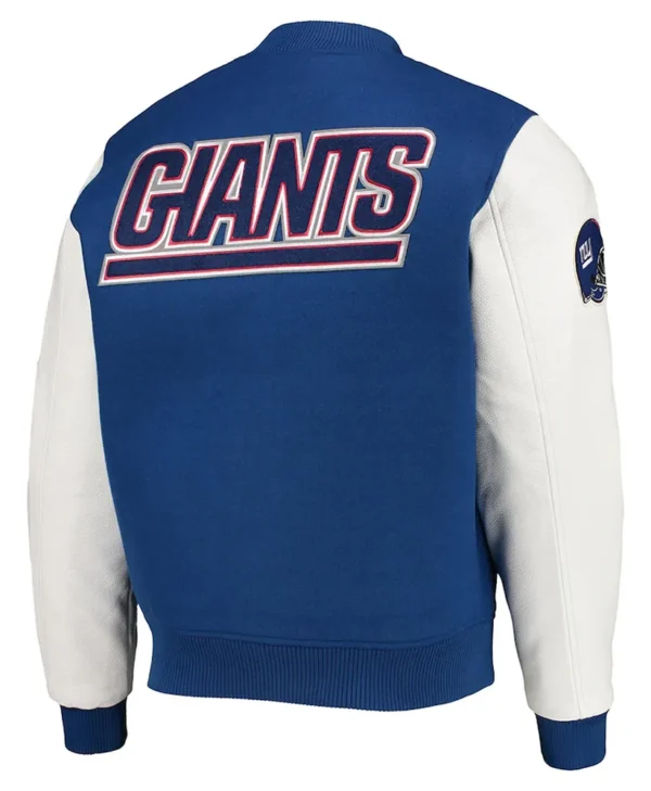 NY Giants Logo Varsity White Royal Jacket back webp