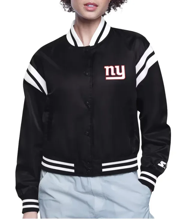 NY Giants Printed Logo Varsity Satin Jacket webp