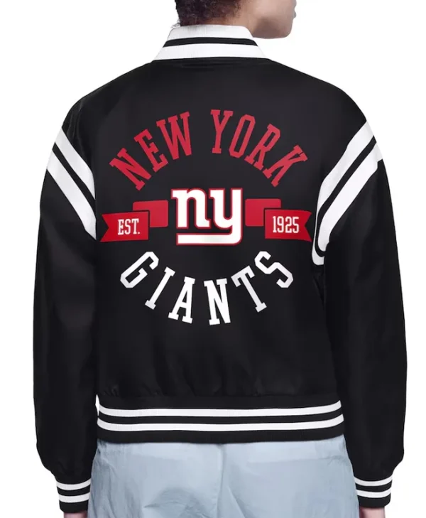 NY Giants Printed Logo Varsity Satin Jacket back webp
