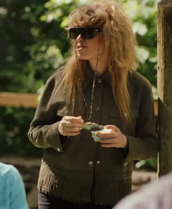 Natasha Lyonne Poker Face Green Fringe Jacket webp