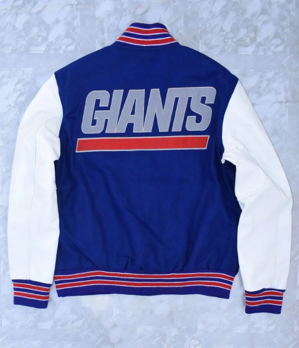 New York Giants Blue and White Letterman Jacket back webp