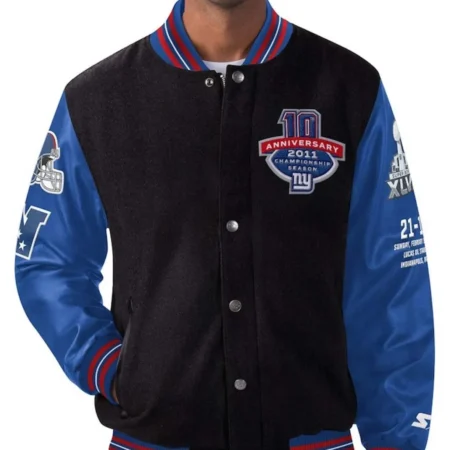 New York Giants Super Bowl XLVI Black and Blue Varsity Jacket webp