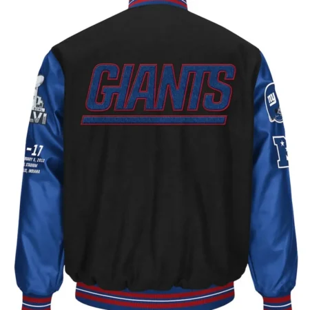New York Giants Super Bowl XLVI Black and Blue Varsity Jacket back webp