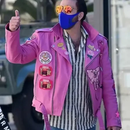 Nicolas Cage Pink Biker Leather Jacket