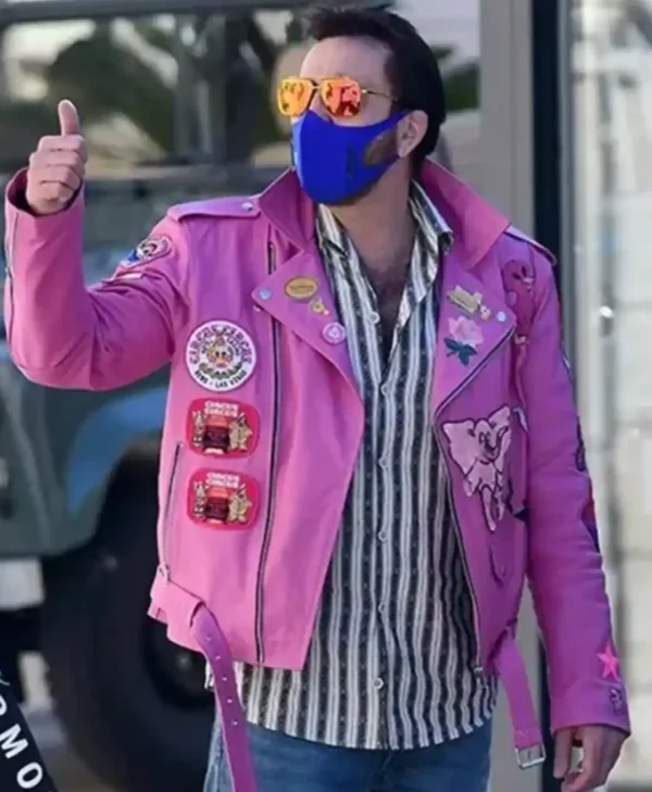 Nicolas Cage Pink Biker Leather Jacket