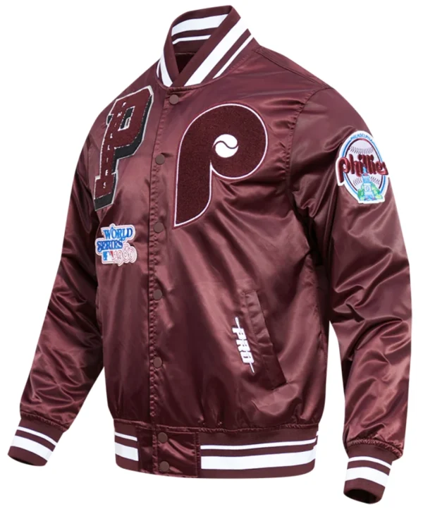 Philadelphia Phillies Mashup Full Snap Satin Varsity Jacket Wine 7