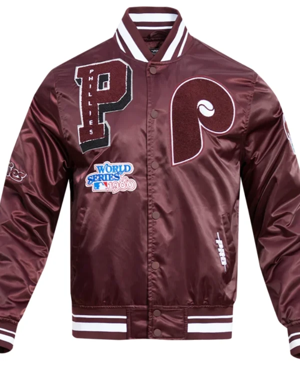 Philadelphia Phillies Mashup Full Snap Satin Varsity Jacket Wine 8