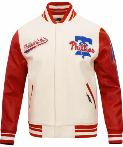 Philadelphia Phillies Script Tail White/Red Wool & Leather Varsity Jacket