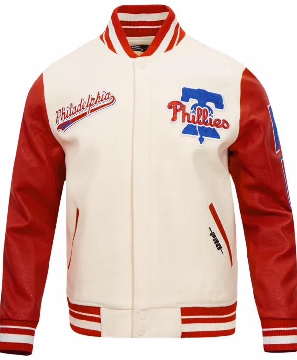 Philadelphia Phillies Script Tail Wool Leather Varsity Jacket WhiteRed 1