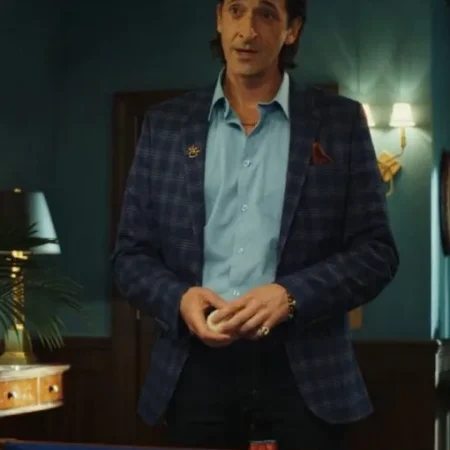 Poker Face 2023 Adrien Brody Blue Plaid Blazer webp