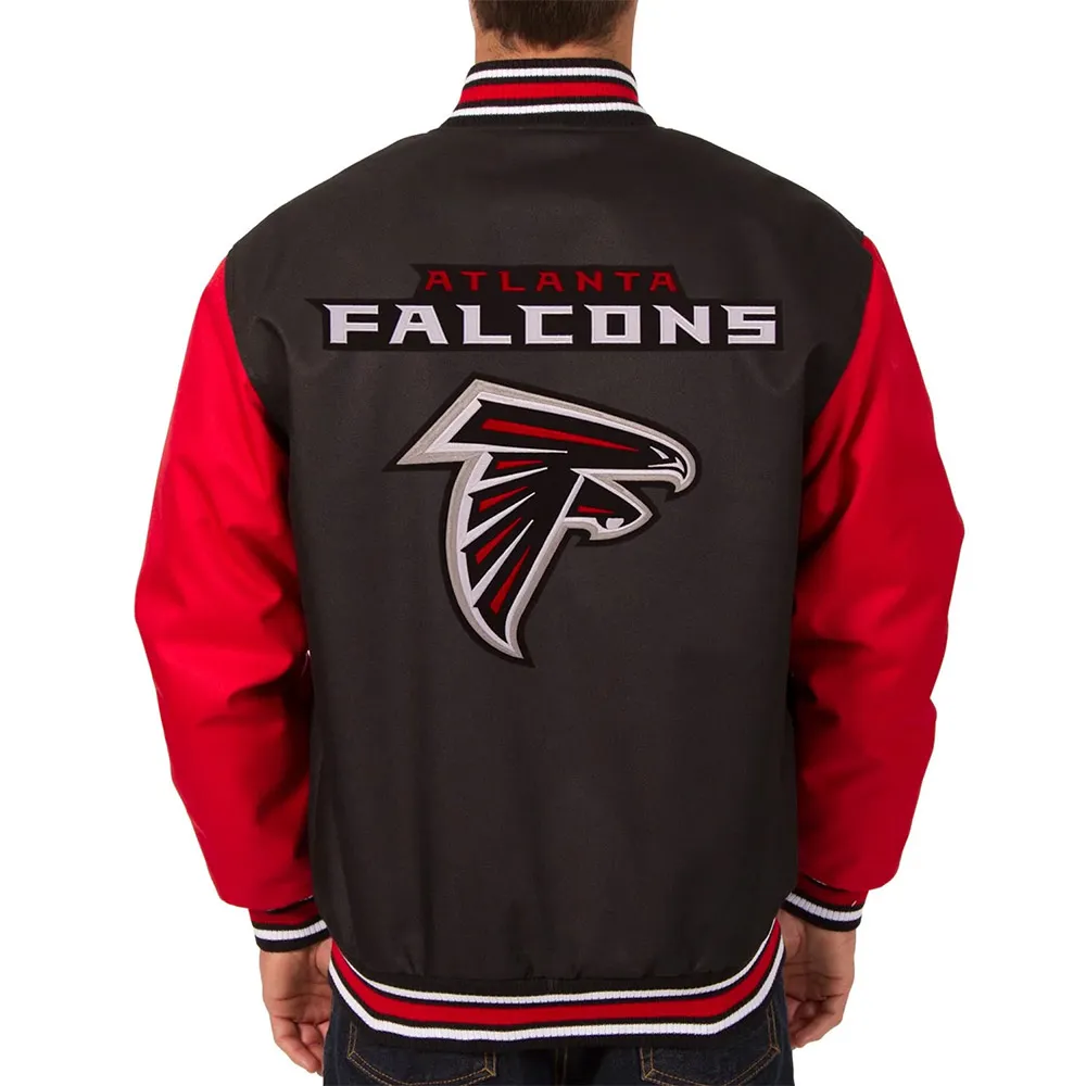 Poly Twill Atlanta Falcons Varsity Black and Red Jacket back webp