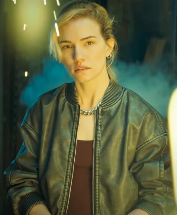 Relay 2025 Willa Fitzgerald Black Bomber Leather Jacket webp