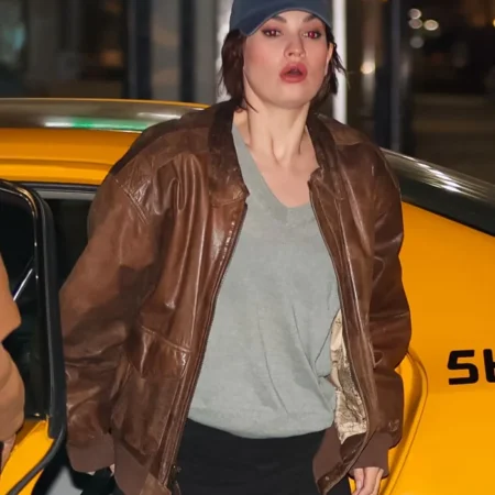 Relay Lily James Brown Bomber Leather Jacket webp