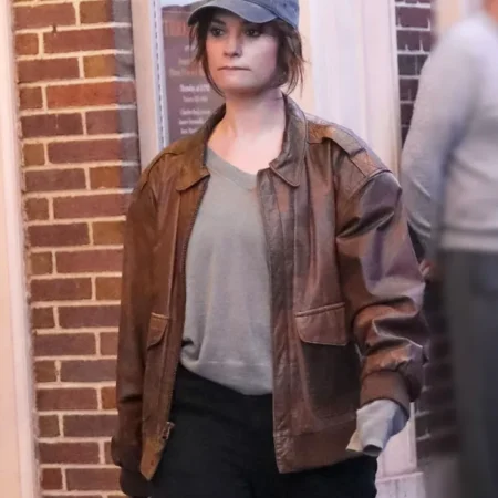 Relay Lily James Brown Leather Jacket webp