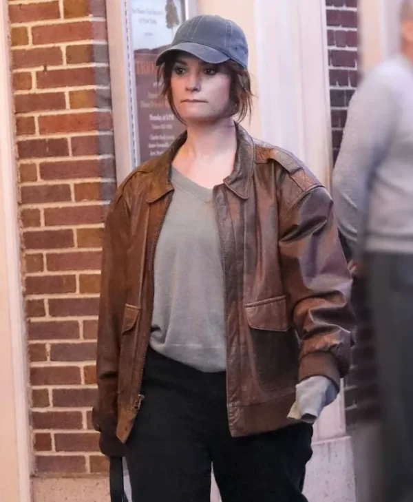 Relay Lily James Brown Leather Jacket webp