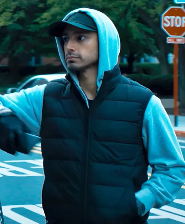 Relay Riz Ahmed Black Puffer Vest Side webp