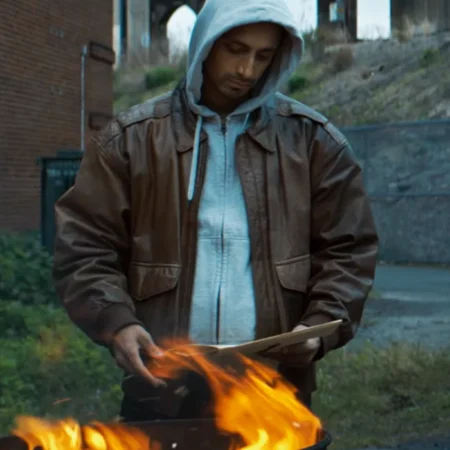 Relay Riz Ahmed Brown Bomber Leather Jacket webp