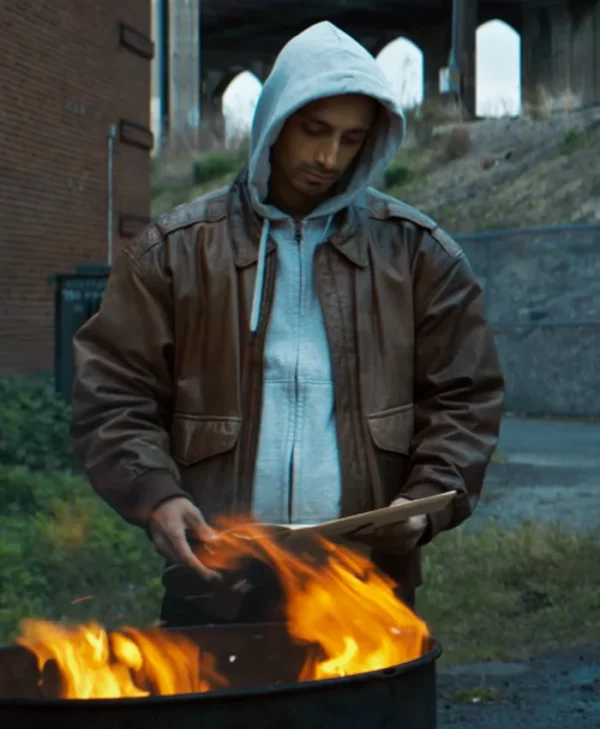 Relay Riz Ahmed Brown Bomber Leather Jacket webp