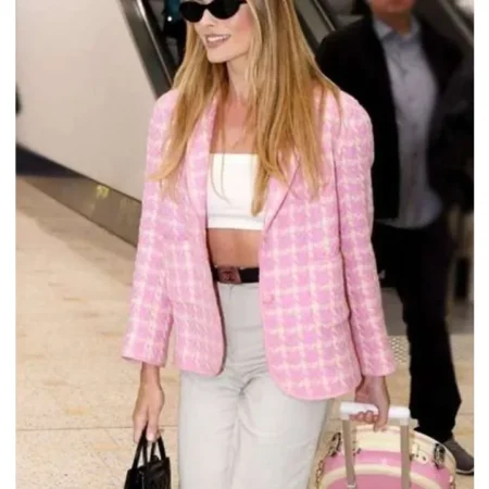 Shop Barbie 2023 Margot Robbie Checkered Pink Blazer webp