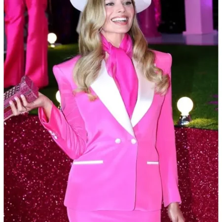 Shop Barbie 2023 Margot Robbie Pink Blazer webp