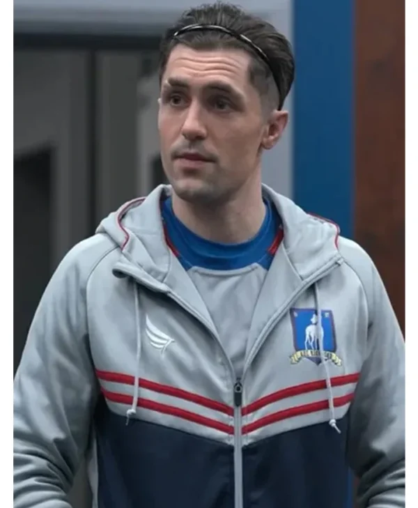 Shop Phil Dunster Ted Lasso Grey and Blue Hooded Jacket webp