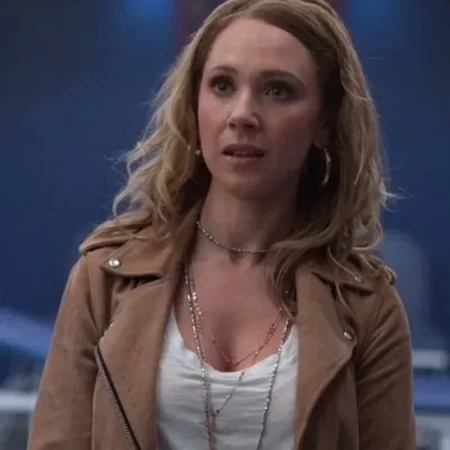 Shop Ted Lasso Keeley Brown Suede Leather Biker Jacket webp