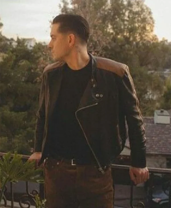 Singer G Eazy Black Brown Stripes On Shoulders And Sleeves Biker Real and Faux Leather Jacket For Men and Women