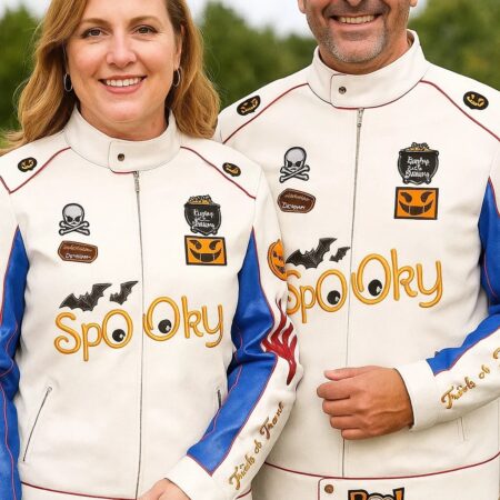 Spooky Trick Or Treat Leather Jacket couple shoot