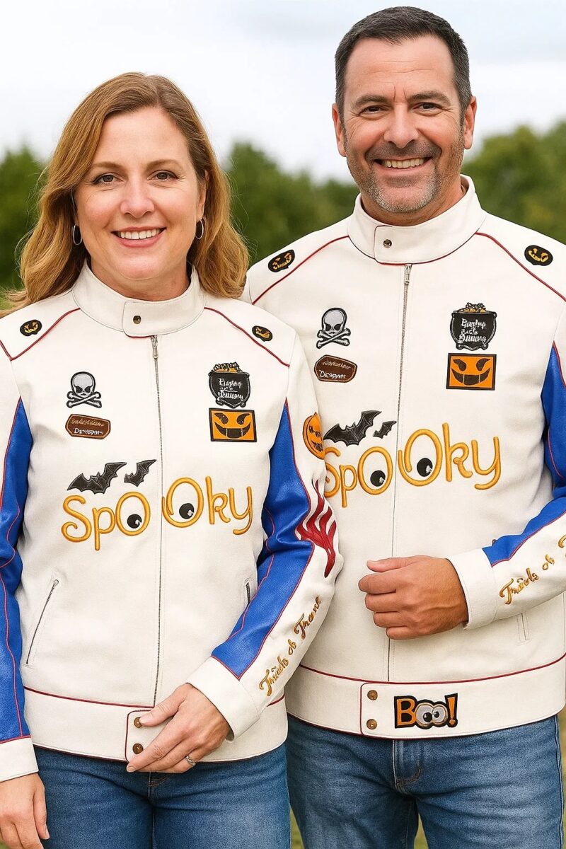 Spooky Trick Or Treat Leather Jacket couple shoot
