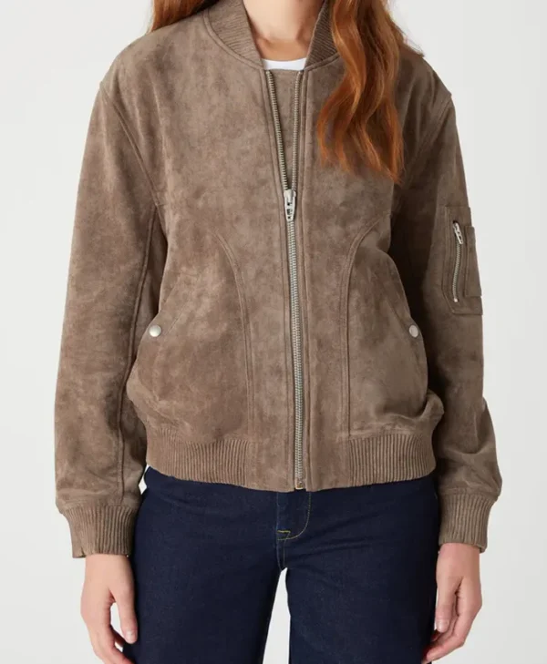 Sullivans Crossing S03 Lindura Brown Suede Bomber Jacket webp