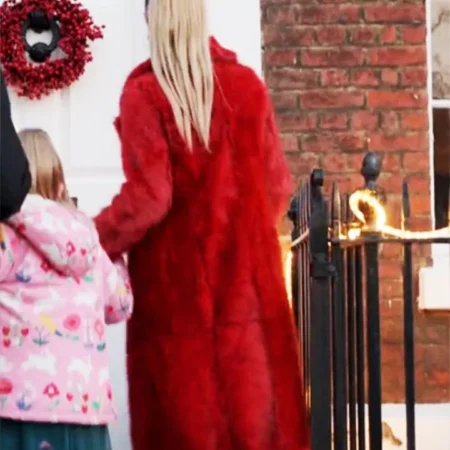 Ted Lasso Juno Temple Long Red Fur Coat back look webp
